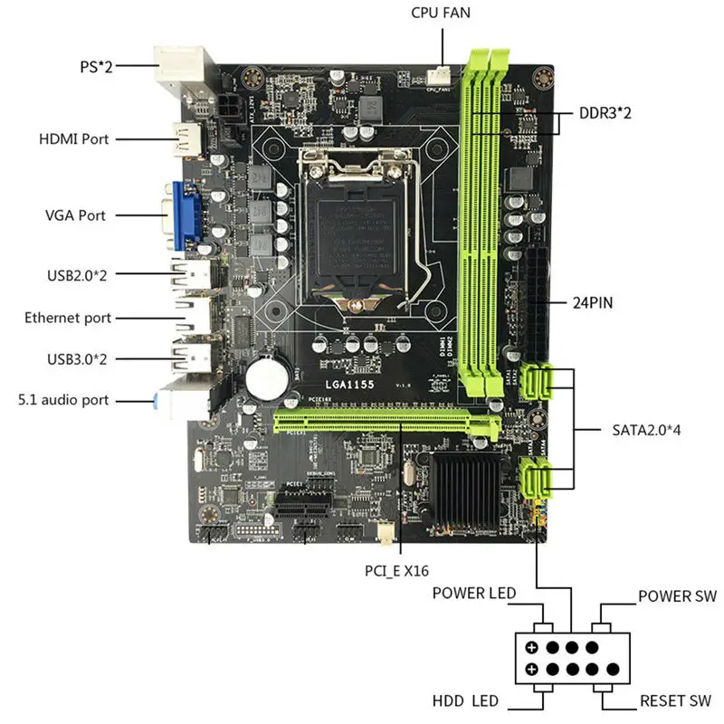 Материнская плата H61 Lga1155 M-Atx для процессора Core I3 I5 I7 поддержка Ddr3 памяти с 4 портами Usb2.0 Vga Hdmi порт