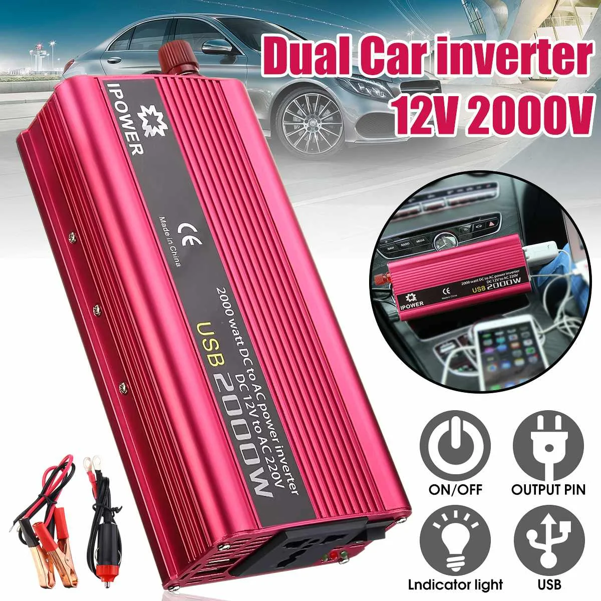 

1Set Car Power Inverter 2000W DC 12V to AC 220V Modified Wave power inverter with Double USB 5V Car Inverter