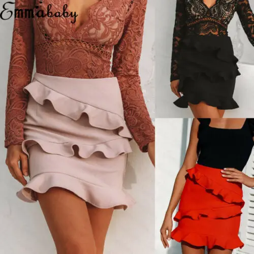 

2019 Summer Sexy Women Mini Skirt Office Lady Slim Pencil Bandage High Waist Ruffle Layer Wrap Short