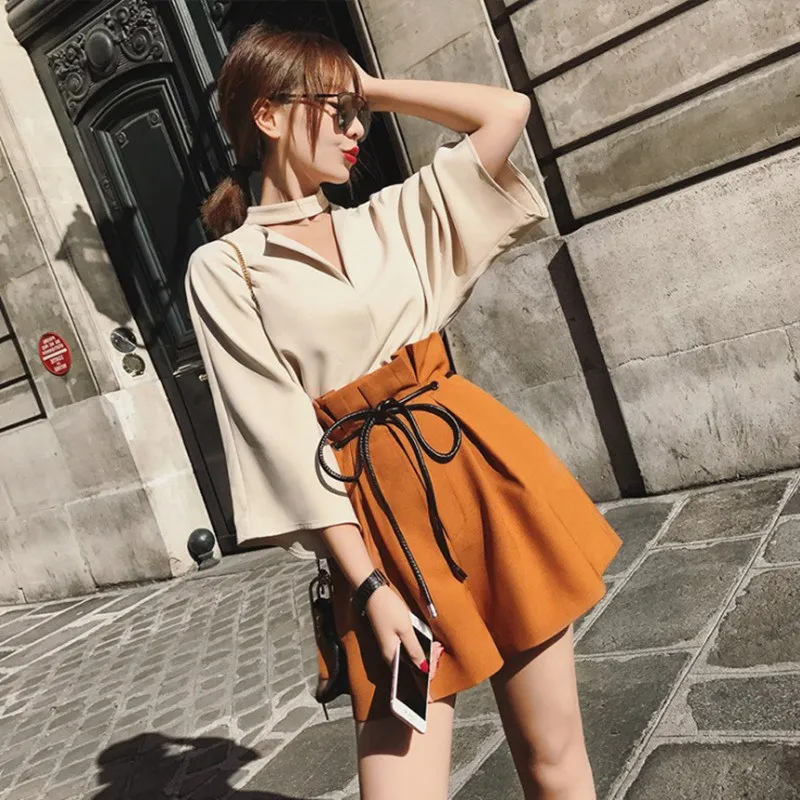 

2019 Women Summer Two Pieces Suits Femme Three Quarter Sleeve Top High Waist Shorts Suit Fashion Sets