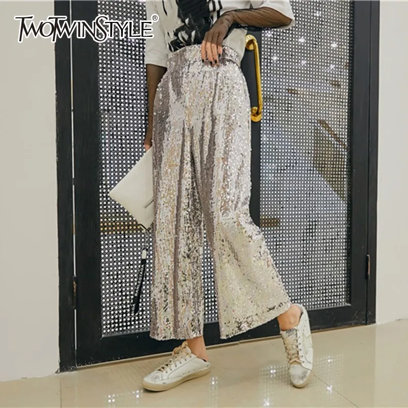 

TWOTWINSTYLE Heavy Sequins Patchwork Elastic Trouser For Women High Waist Ankle Length Wide Leg Pants Female Spring 2019 Fashion