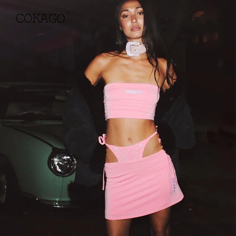 

COKAGO Summer Women's Two Piece Sets 2019 Bodycon Sexy Ladies Tracksuit Women Letter Bandeau And Diamond Skirt Pink Club Outfits