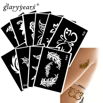 

10 Pieces/Set Henna Tattoo Stencil Feather Pattern Paste Drawing Body Art Tattoo Stencil Sexy Product Waterproof 2019 HN#17