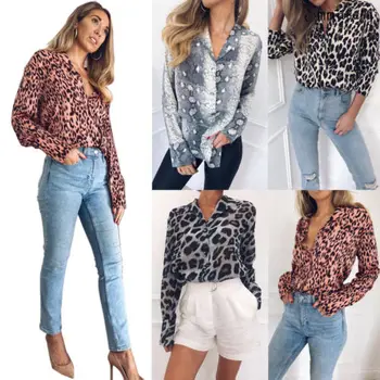 

Newly Women Summer Spring Shirt Button Down Shirt V Neck Leopard Print Long Sleeve Classic Loose Tops Ladies Blouse