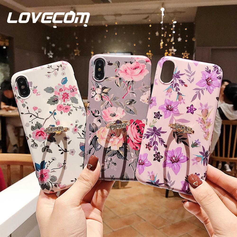 

LOVECOM Vintage Spring Floral Case Portable Ring Stand Holder Cover For iPhone X XS XS Max XR 6S 7 8 Plus Screen Protector Shell