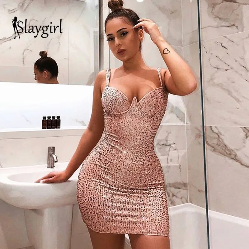 Женское вечернее платье без рукавов Slaygirl элегантное с блестками и v-образным