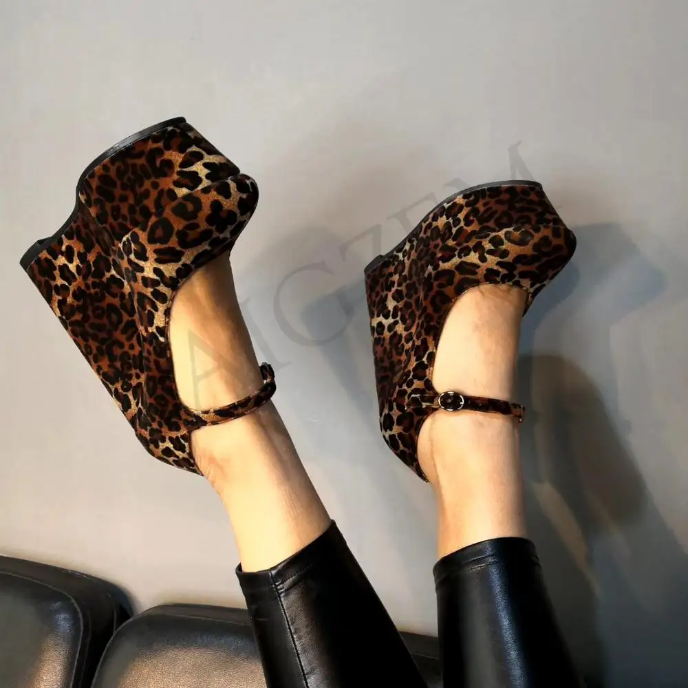 LAIGZEM/женские леопардовые туфли-лодочки Mary Jane на платформе и каблуке-танкетке, летняя женская обувь для вечеринок, zapatos mujer, большие размеры 34-47