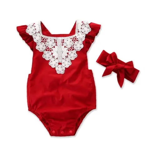 Baby Girls Cotton Lace Romper Red Corss band Jumpsuit Outfits Sunsuit Clothes