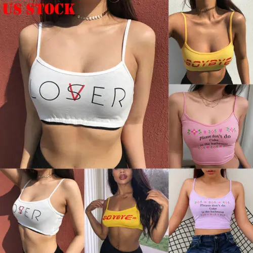 

US Women Sexy Tank Top Vest Sleeveless Boybye loser Letter Summer Crop Top Strap Cami Top New White Yellow Pink Purple Tanks