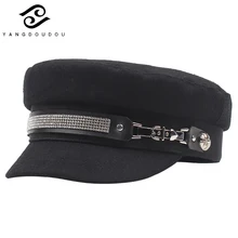 Новая зимняя темно-синяя кепка с кристаллами, украшенная бриллиантами, кожаная прошитая модная женская военная шапка, украшение крестоносца, кепка Gorra