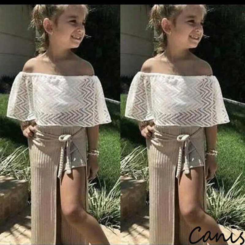

Trendy Kids Toddler Baby Girls clothes Lace Off-Shoulder pullover T-shirts casual sleeveless Geometry lovely Tops one pieces