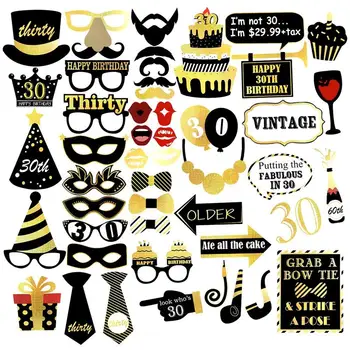 

UNOMOR 48Pcs 30th Birthday Photo Booth Props with Wooden Sticks for Her Him 30th Birthday