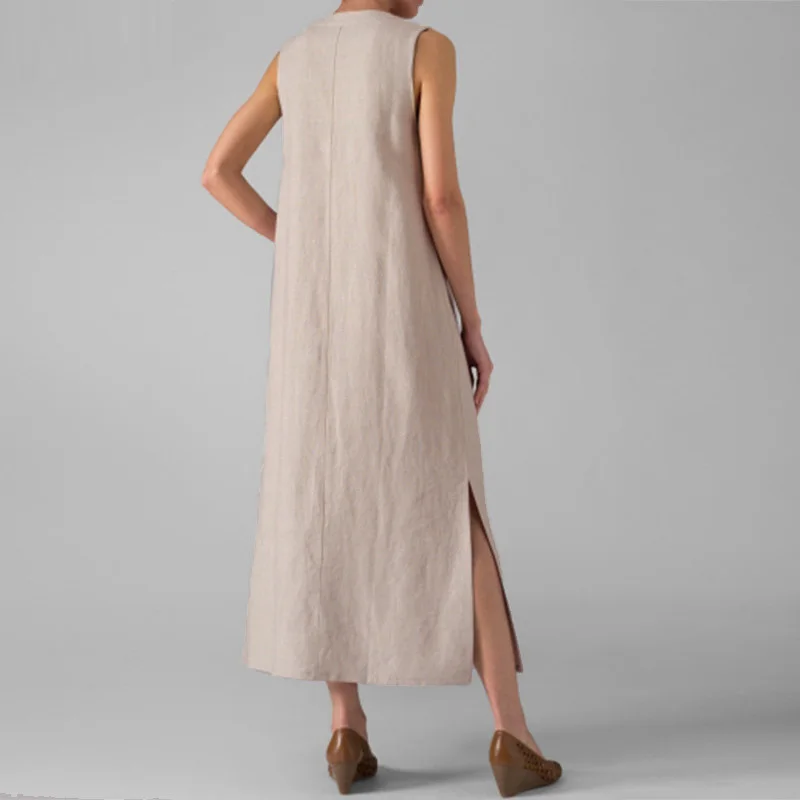 Летнее женское платье повседневное свободное без рукавов из хлопка и льна