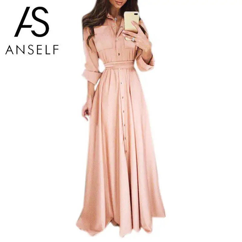 

Women Chiffon Dresses Long Shirt Dress Solid Long Sleeves Button Belted Casual Maxi Long Dress Vestidos Large Sizes 3XL 4XL 5XL