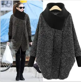 

autumn and winter women's jacket high collar solid color scarf collar loose wool coat bat sleeve coat plus size