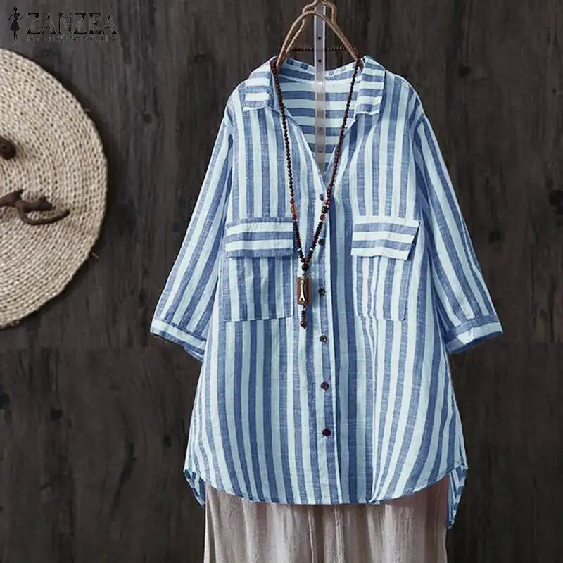 

2019 Plus Size ZANZEA Spring Women Casual Lapel 3/4 Sleeve Striped Elegant Work OL Buttons Loose Blouse Shirt Tops Blusas Femme
