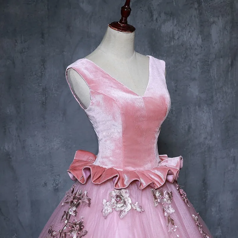 Розовые Бальные платья 16 милых платьев для 15 лет, кружевное бальное платье с v-образным вырезом и открытой спиной, платья для выпускного вечера, Vestido De Quinceanera