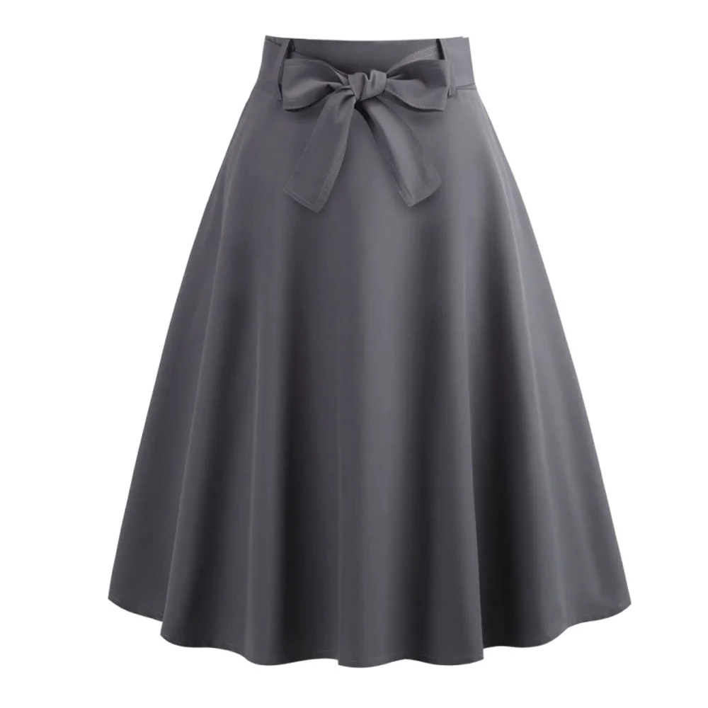 

Joineles High Waist Belts Bowknot Women Skirts Elegant Gray A Line Tutu Skirts Saia Female Office Skirts 2019 Knee Length Skirts