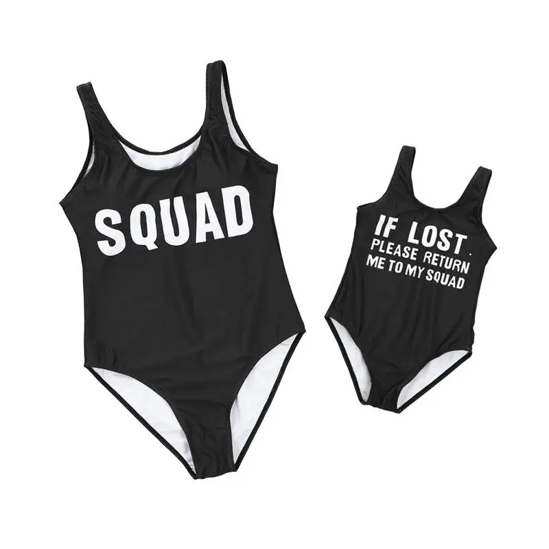 

Creative SQUAD Letters Anti-lose Family Matching Swimwear Mother Daughter Women Kid Girls One Piece Black Swimsuit Beachwear
