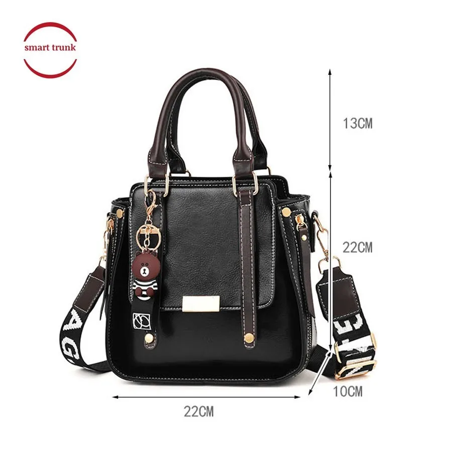 2019 NEW Cute Bear Ball Hanging Women Solid Pu Leather HandBags For Female Simple Style Wide Strap Crossbody Bags Shoulder Bag