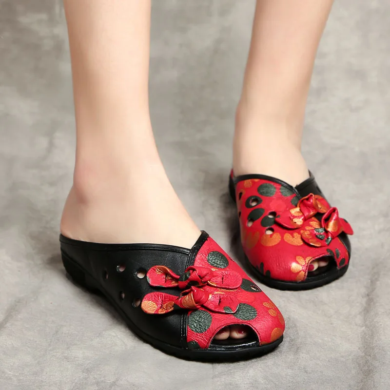 

2019 Nation Flower Flat Bottom Genuine Leather Sandals Woman Beach Shoes Woman Slipper 43