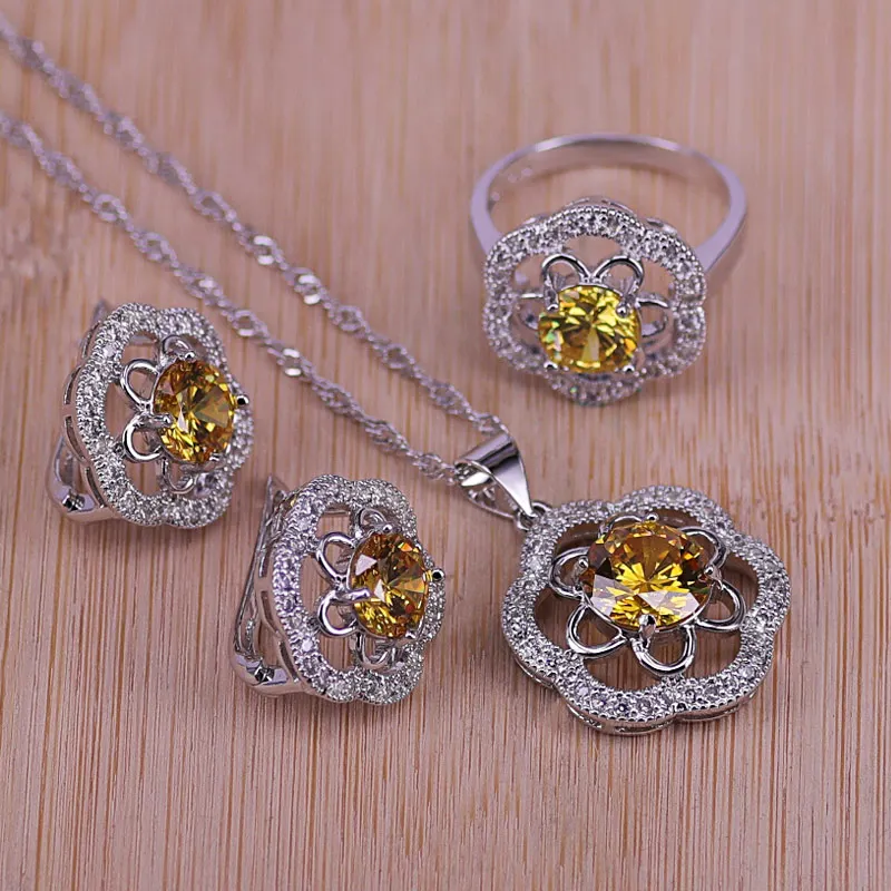 

Best Gift Wedding Jewelry For Women 925 Sterling Silver Jewelry Set Sparking Yellow Crystal Necklace Pendant Earrings Ring