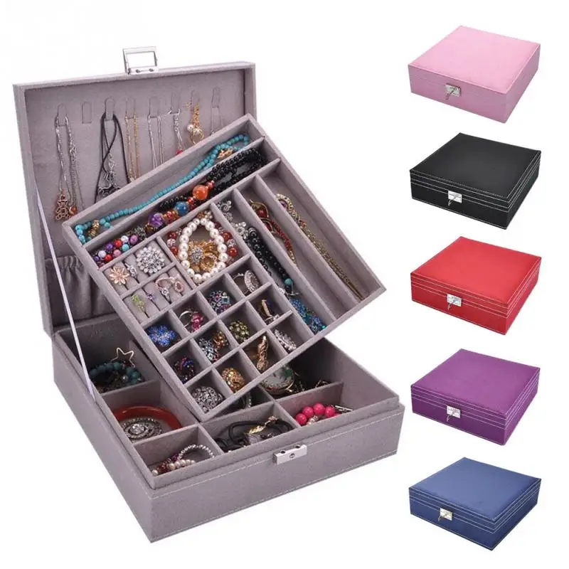 

Faux Suede Ring Necklace Choker Makeup Square Wooden Simple Fashion Jewelry Box Large Organizer