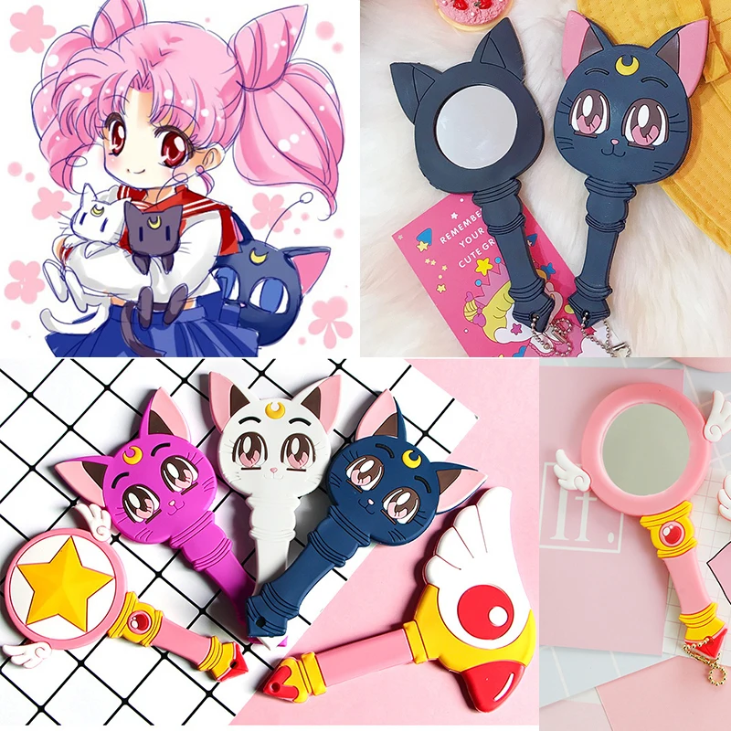 

Anime Sailor Moon Luna Purple Cat Make Up Mirror Handle Girls Portable Cosplay Props Moonlight Memory Series Crystal Star Cosmet