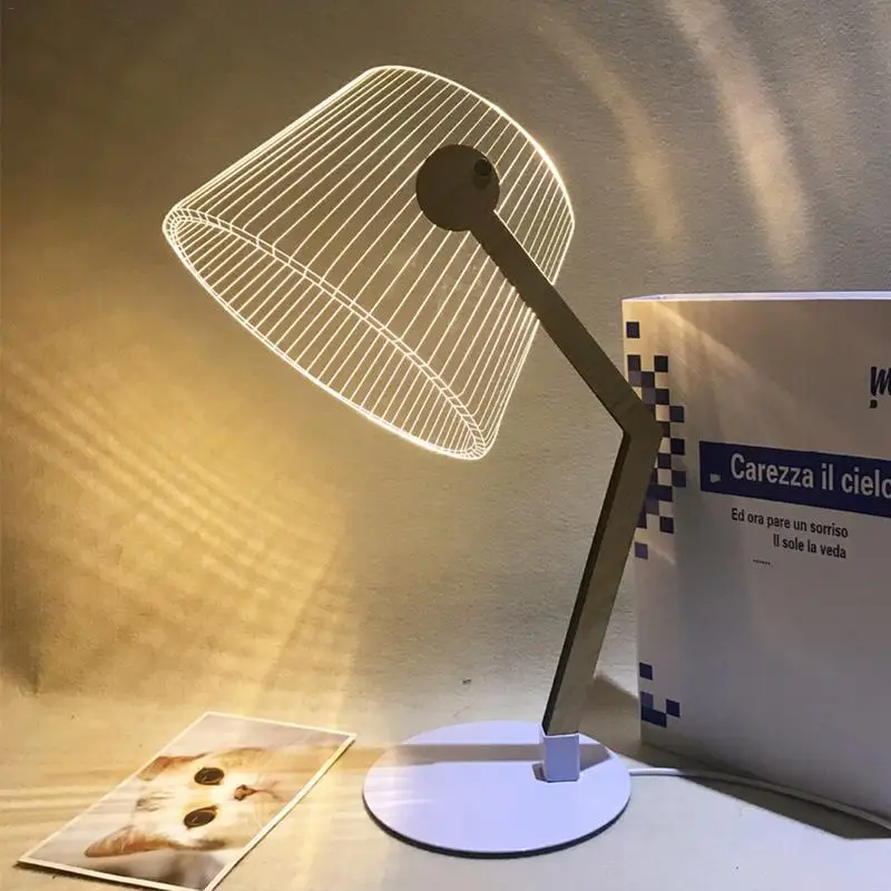 Светодиодная настольная лампа с 3D эффектом акриловый абажур деревянной
