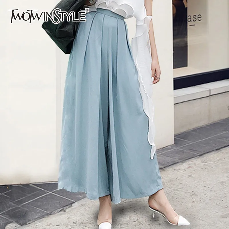 TWOTWINSTYLE Wide Leg Pants Female High Waist Loose Oversized Ankle Leather Trousers For Women 2020 Spring Korean Fashion New TWOTWINSTYLE Wide Leg Pants Female High Waist Loose Oversized Ankle Leather Trousers For Women 2020 Spring Korean Fashion New