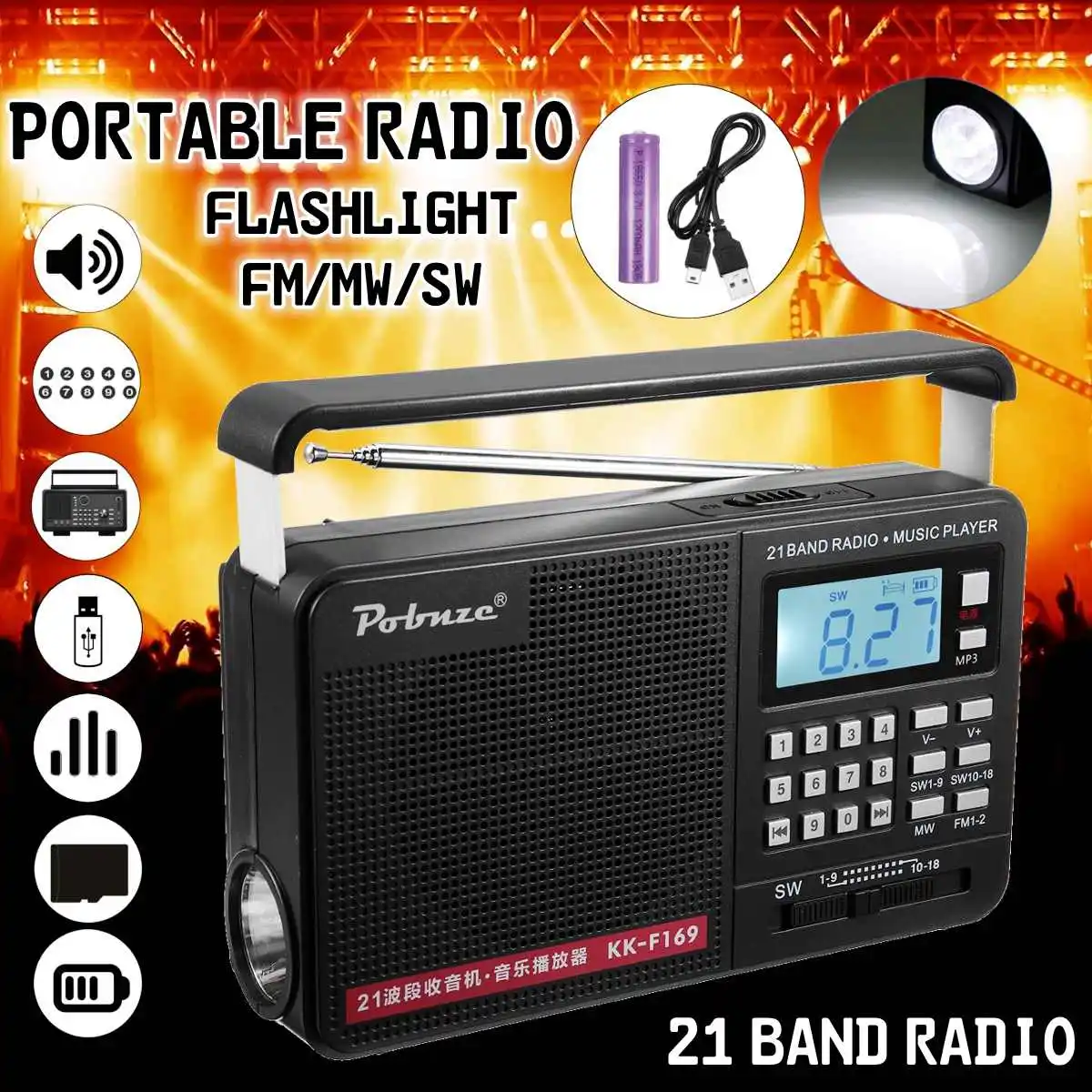 

LCD Radio FM/MW/SW Stereo Receiver MP3 Music Player Portable Multiband Speaker TF USB for Outdoor SPORT