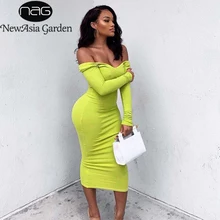 NewAsia Women Autumn Dress 2019 Long Sleeve Cotton Ribbed Maxi Dresses Deep V-neck Off Shoulder Midi Bodycon Dress Knitted Robe blue sexy off shoulder over layer ribbed midi dress