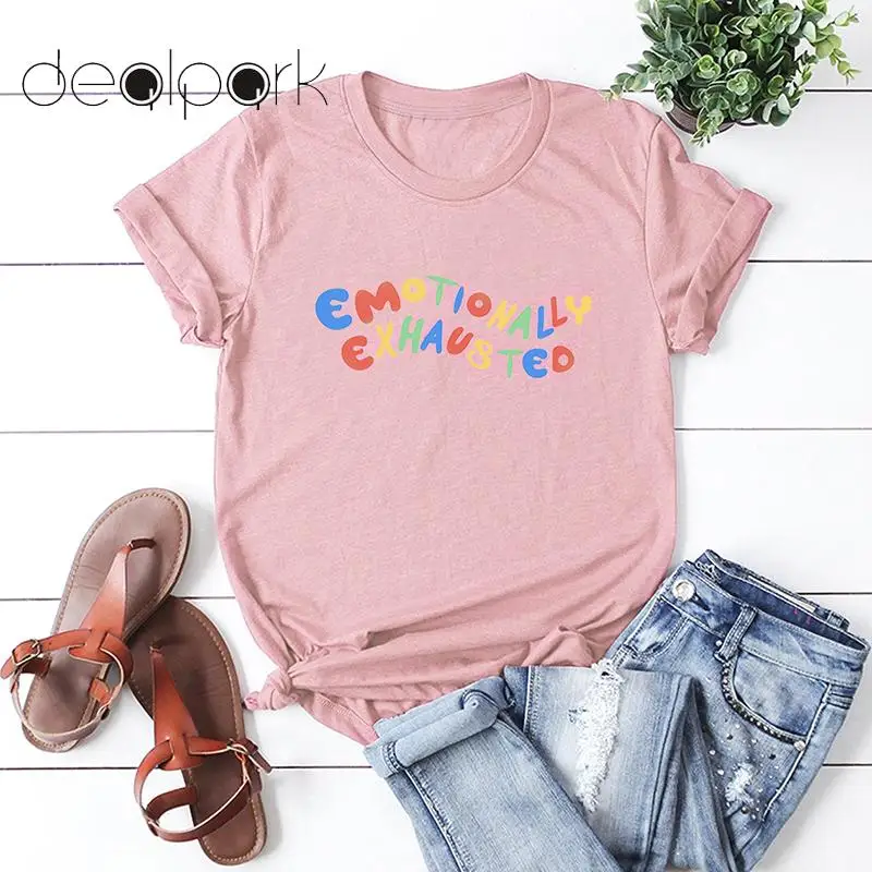 

2019 Summer Tops for Women T-shirt Plus Size 3XL 4XL 5XL Short Sleeves Letters Print EMOTIONALLY EXHAUSTED Cotton Funny Tshirt