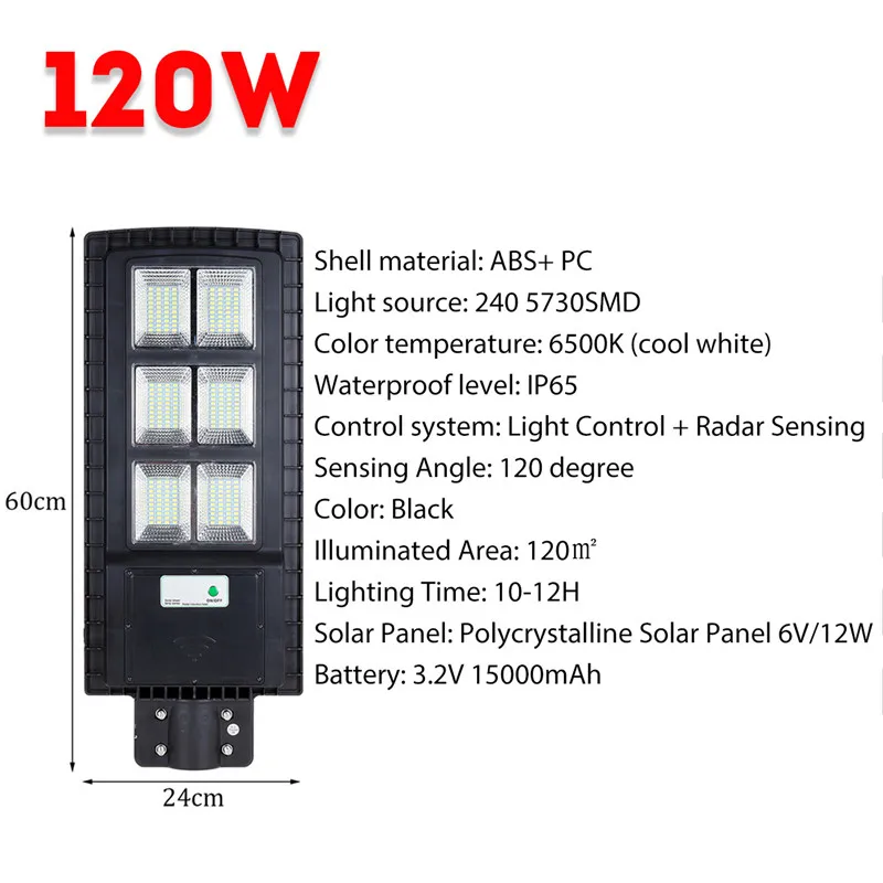 

120W Solar Lamp Street Lamp Solar Powered Outdoor Light Control + PIR Motion Sensor Garden Wall Street Lamp Black/Gray Shell