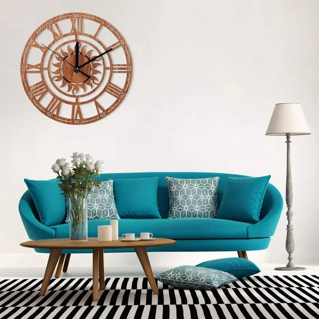 

Round Sun Wood Wall Clock For Home Living Room 1 x 1.5V AA battery (not included) Bedroom Office Dcor
