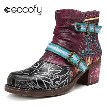 

Socofy Printed Genuine Leather Splicing Ankle Boots For Women Shoes Woman Autumn Winter Boots Women Block Heels Booties Botas