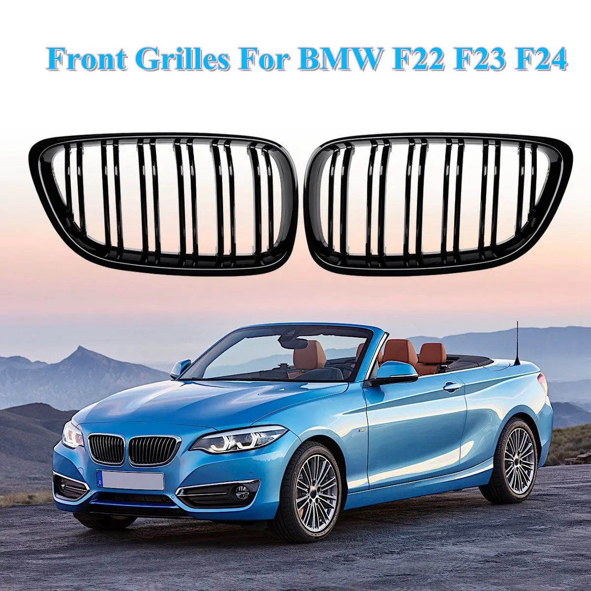 

For BMW F22 F23 F24 2 Series 2012 2013 2014 2015-2018 1 Pair Front Bumper 2 Line Slat Kidney Grill Gloss Black Racing Grills