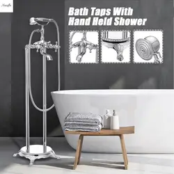 Хром Латунь Напольный Торшер установлен Ванна на ножках-лапах душ смеситель для раковины роскошный набор для ванной, с двумя кранами