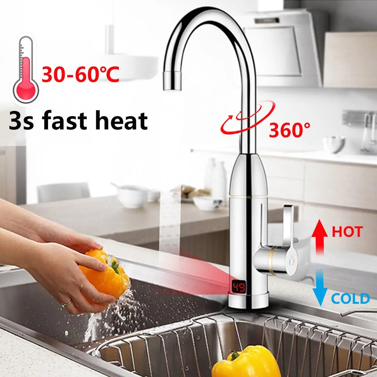 Home 220V 3000W Instant Electric Faucet Tap Hot Water Heater Stainless Steel Under Inflow LED Display Bathroom Kitchen|Электрические