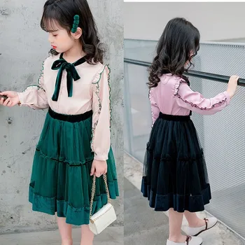 

Skirt And Top Set For Girls Girls 2019 Skirt Set Pink Beige Shirt + Green Black High Waist Skirts 2 Pieces Clothing Sets Kids