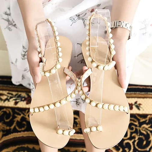 

2018 Hot Summer Shoes Woman Sandals Flats Crystal Rivet String Bead Clip Toe Design Sandals Concise Sexy Beach Tipe Shoes Woman