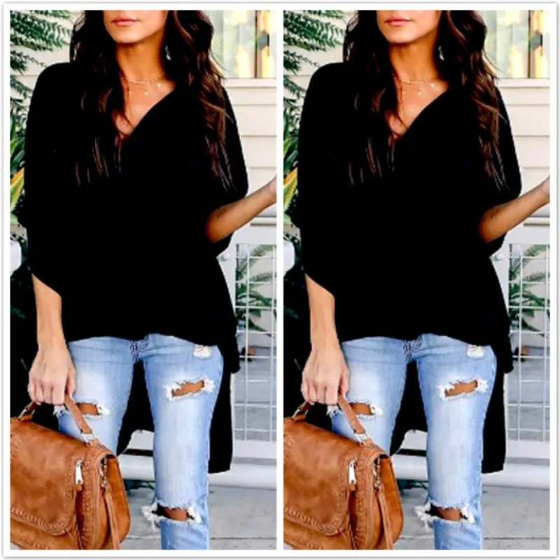 

Women Chiffon Shirts Horn Sleeve Long After The Pendulum Solid Color Tee Shirt Long Sleeve T-shirts Casual V Neck Tops Plus Size