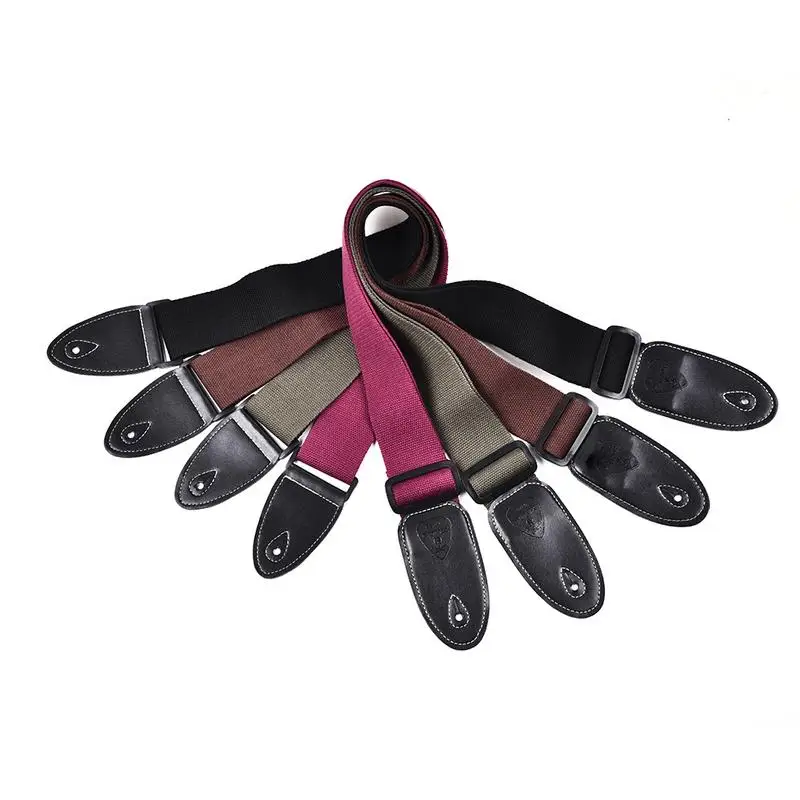 

1pc Polyester Cotton Guitar Ukulele Strap Adjustable Folk Acoustic Guitar Polyester Cotton Strap Belt with PU Leather Ends