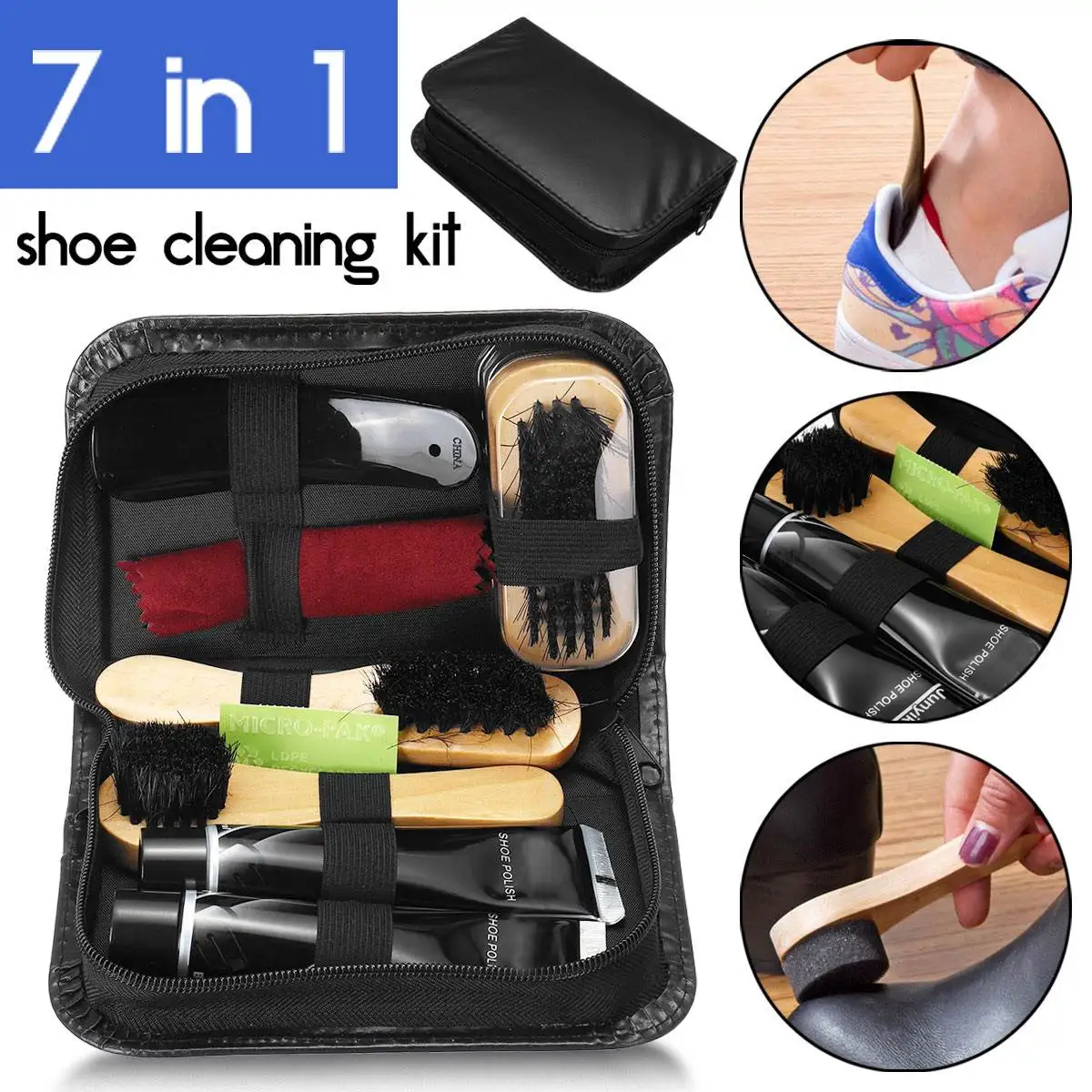 

Shoe Tube Polishing Cleaning Kit 7 in 1 Neutral Shoe Polish Cloth Plastic Shoe Horn Oval/Wood Handle Shoe Brush Easy Carry Set