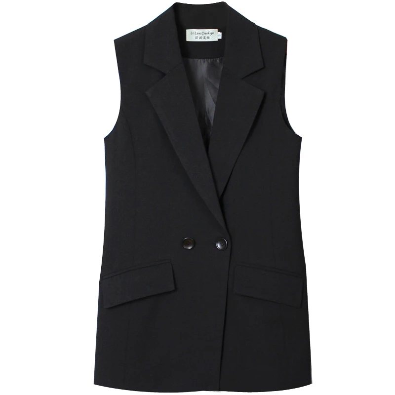 

Black Vest Sleeveless Waistcoat Slim Turn Down Collar Pockets Button Regular Length Medium Thickness Solid Spring Office Lady