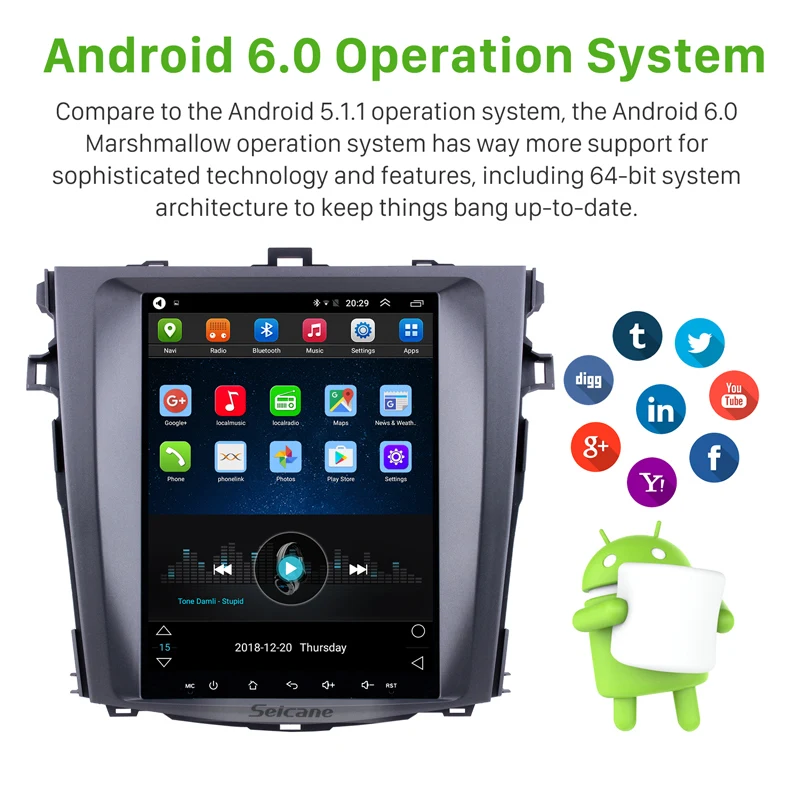 Discount Seicane 9.7 inch Android 6.0 Multimedia Autoradio GPS Navigation System for 2006-2012 Toyota Corolla 1080P Mirror Link Wifi SWC 1