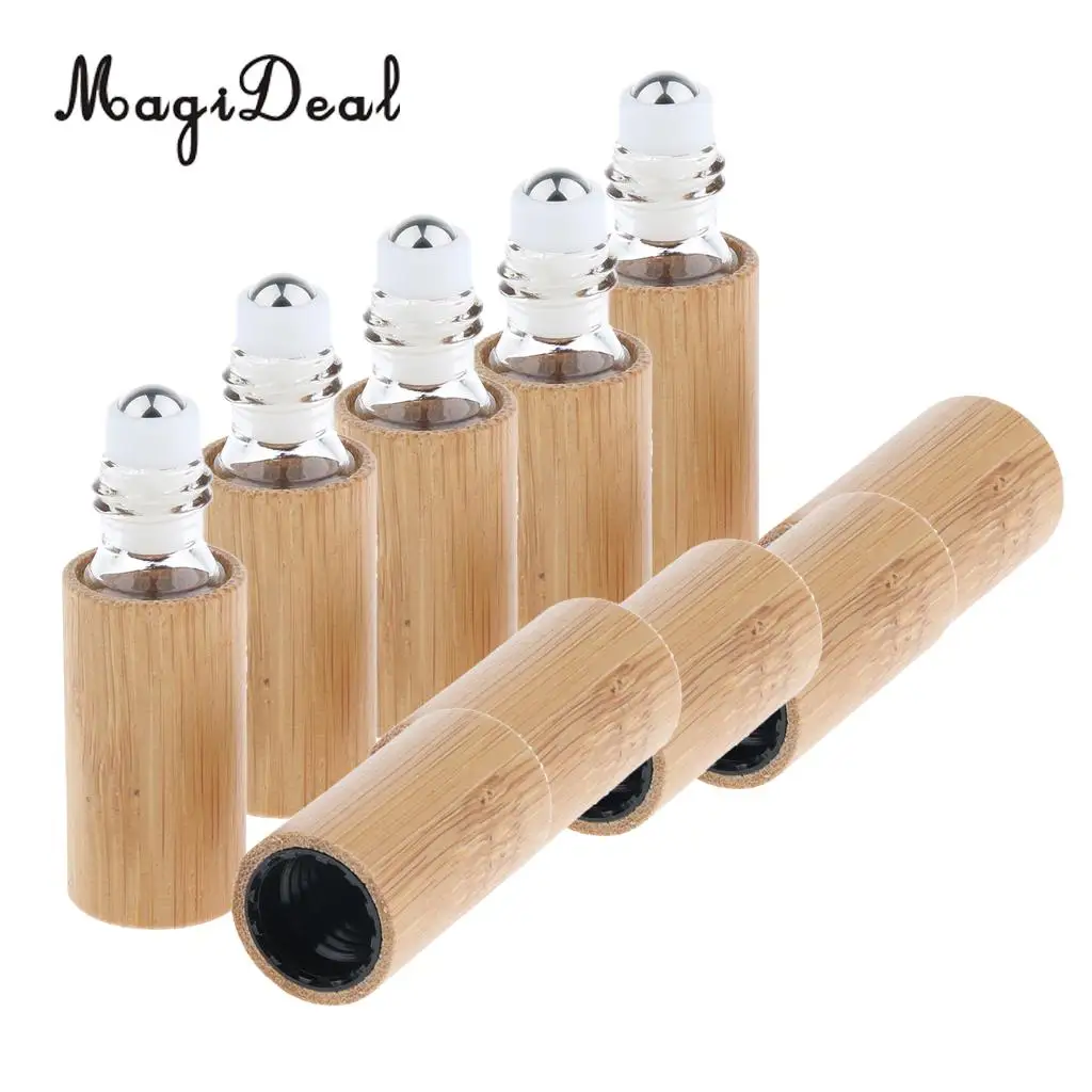 

5pcs Handmade Travel Mini Bamboo Refillable Empty Essential Oil Makeup Roll on Bottles 5ml