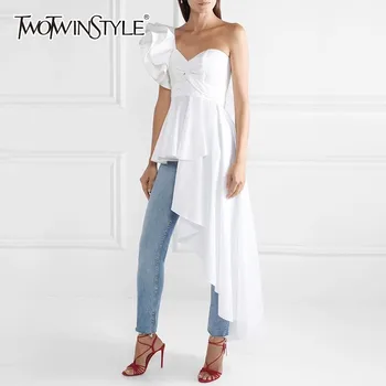 

TWOTWINSTYLE Asymmetrical Shirt Tops Female Off Shoulder Lace Up Irregular Ruffle Sexy Blouse Women Fashion 2020 Autumn New