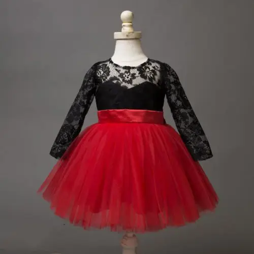 

Lace Princess Baby Girls Lace Flower Dress Bow Tulle Tutu Party Red Dresses for Baby Girl Children Clothes Kid Toddler Clothing