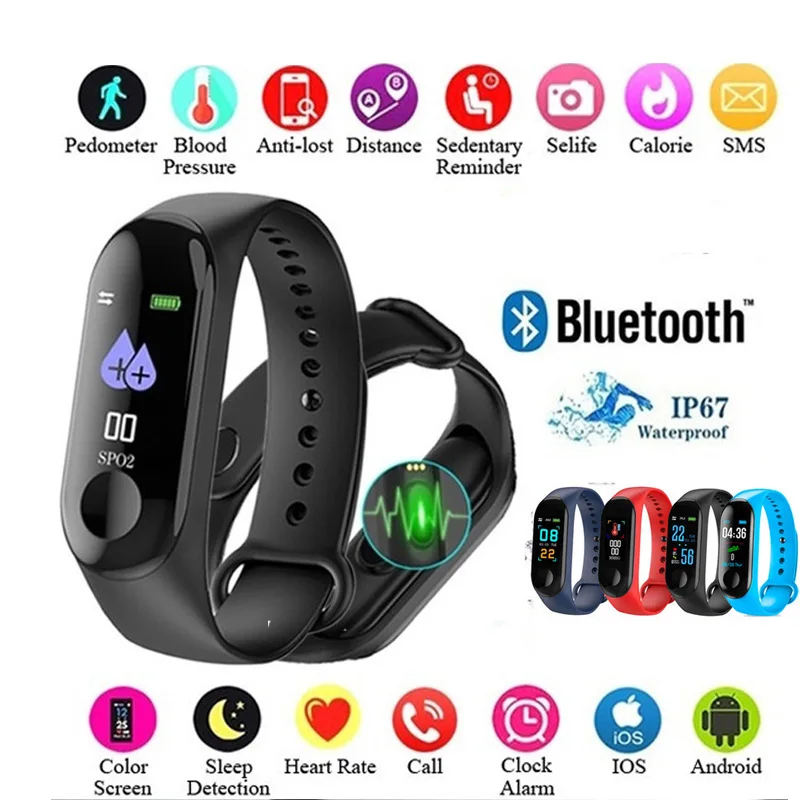 Цветной экран M3 Sport Smartband кровяное давление монитор сердечного ритма IP67 Водонепроницаемый трекер активности для мужчин и женщин Bluetooth часы